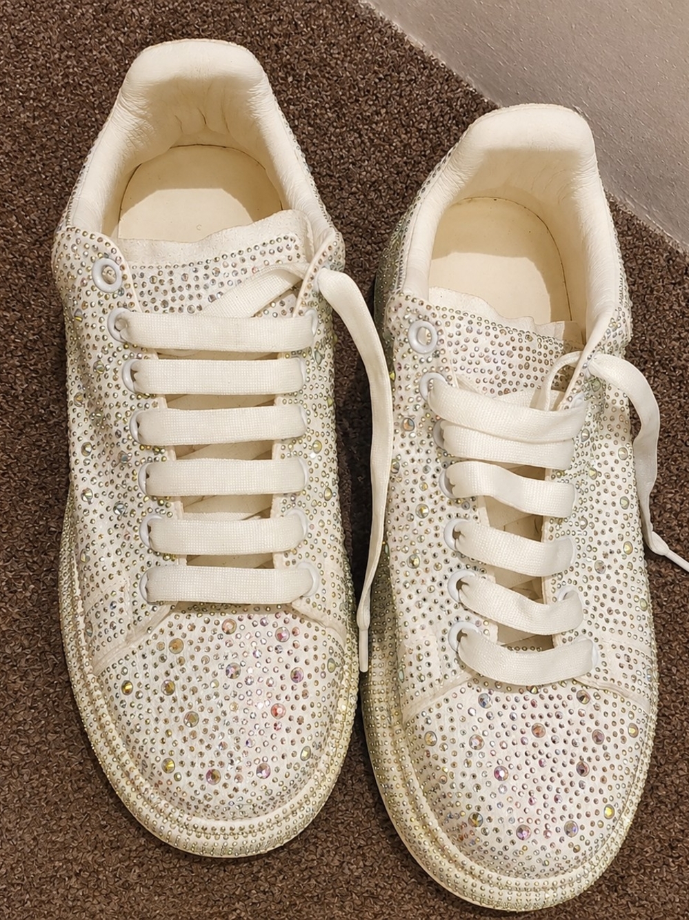 Women's Ivory Crystal Embellished Lace-Up Sneakers